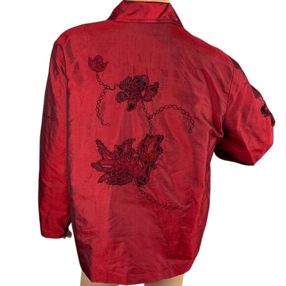 Vintage Women’s Red Silk Blazer Jacket Black Beaded Appliqués Size L Statement - Picture 3 of 10